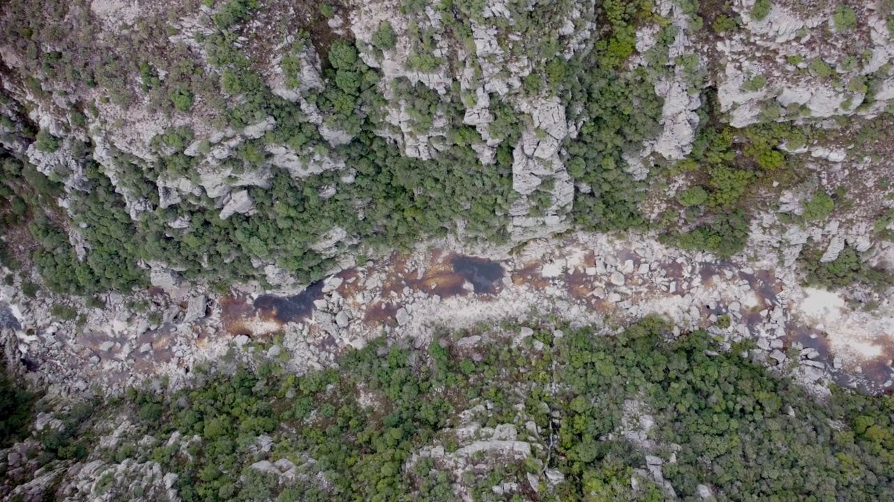 俯瞰岩石峡谷与小河流和岩石池相机下降到棕色河水班斯克卢夫山口。视频素材