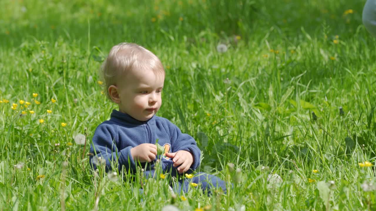 夏天，妈妈和孩子在公园散步，阳光明媚的日子里，孩子和妈妈在绿色的草地上玩耍。视频素材