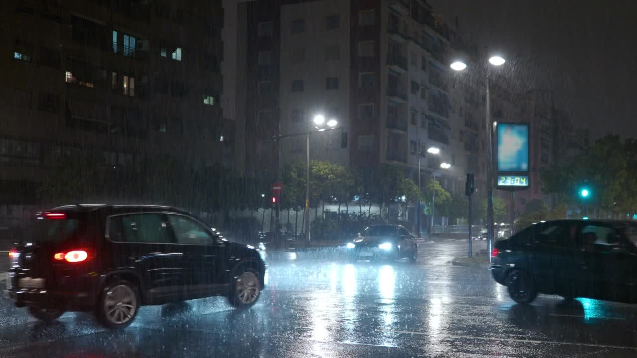 交通运输在街道下着夜雨视频素材