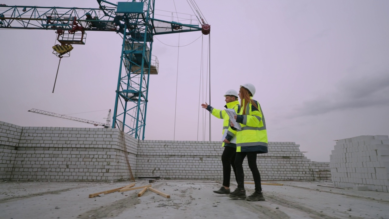 一男一女走在正在施工的建筑里，土木工程师在施工现场视频素材