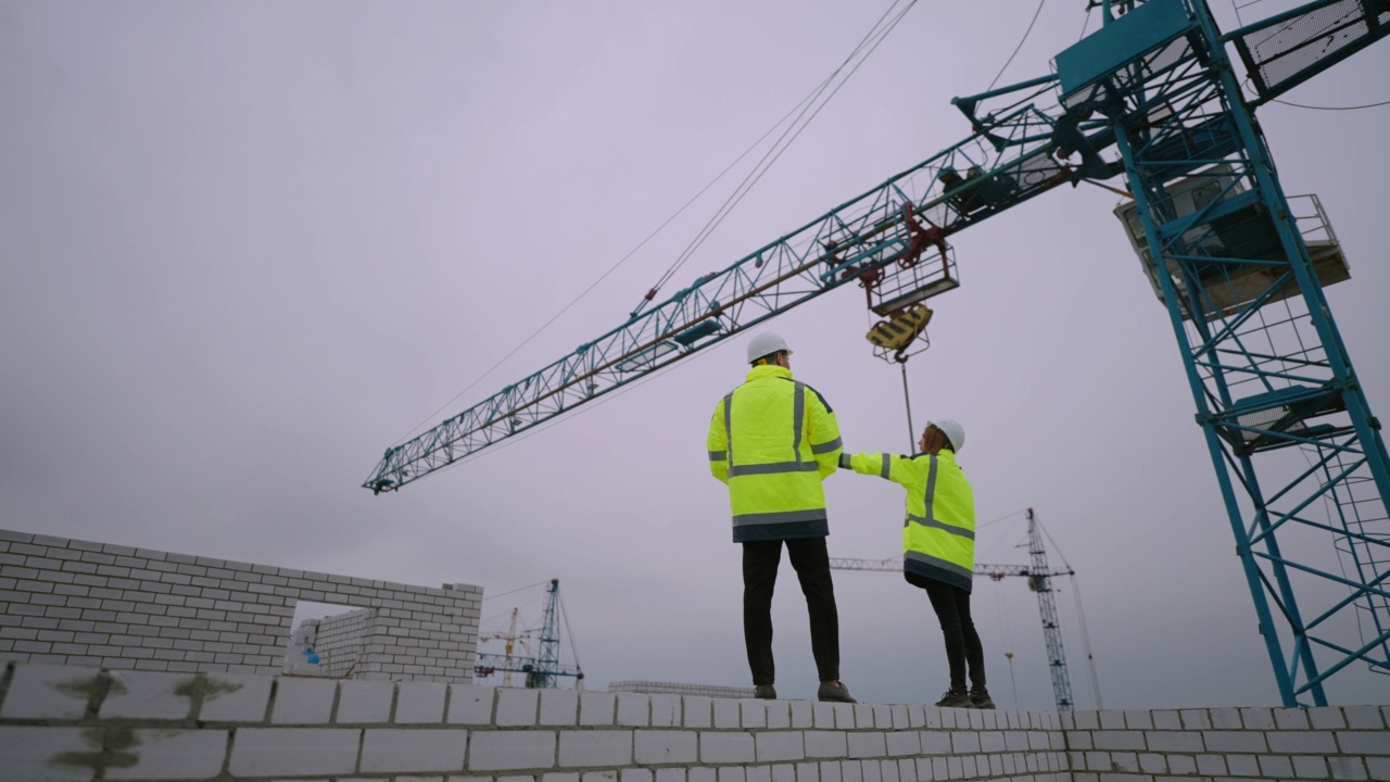 建筑工地的建筑检查员和领班，女检查员和男土木工程师视频素材