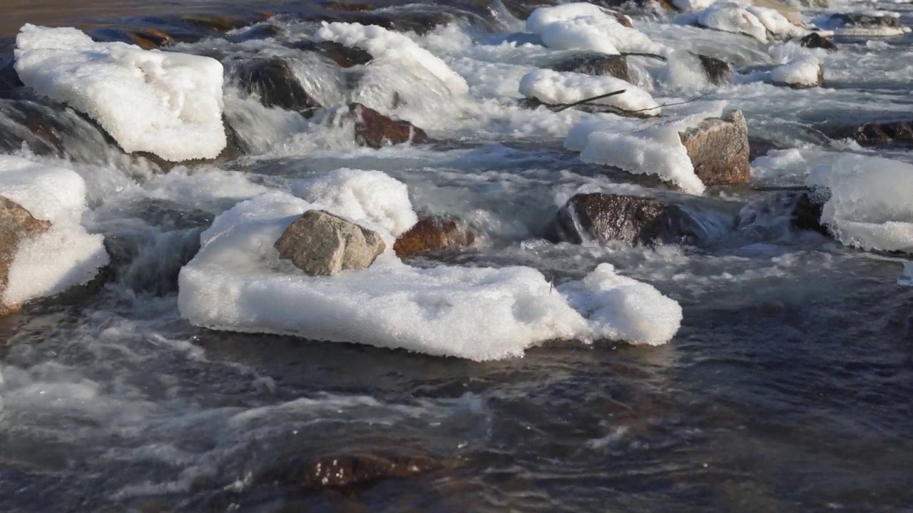 冬天的河流流淌在冰雪覆盖的石头附近视频素材