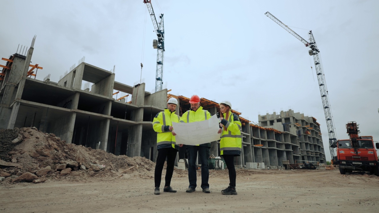 施工现场人员，建筑监理男女建筑师，工头，工程师视频素材