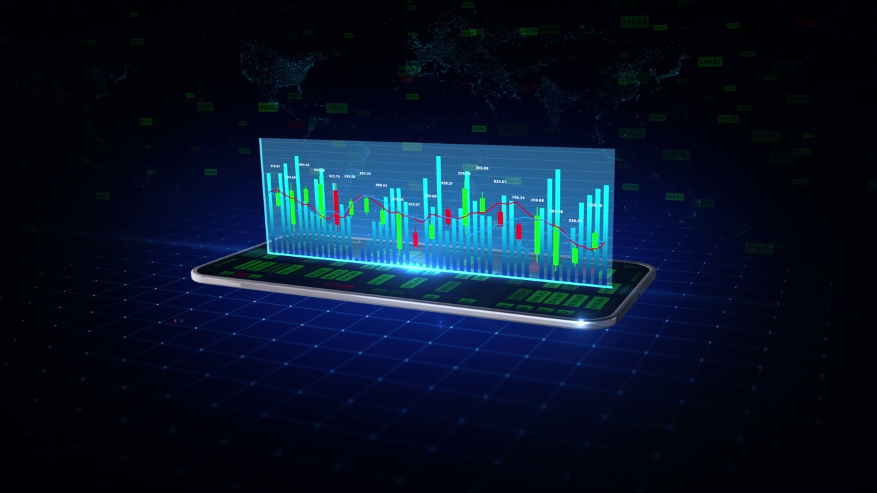 智能手机、数字证券交易市场图或外汇交易图、烛台图等适合金融投资。金融投资趋势为企业概念背景。视频素材