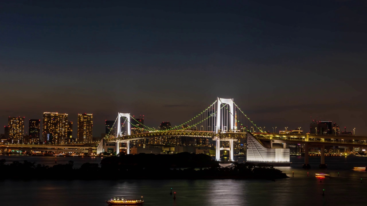 东京城市高角度从日落到夜晚，东京湾，台场，日本。视频素材