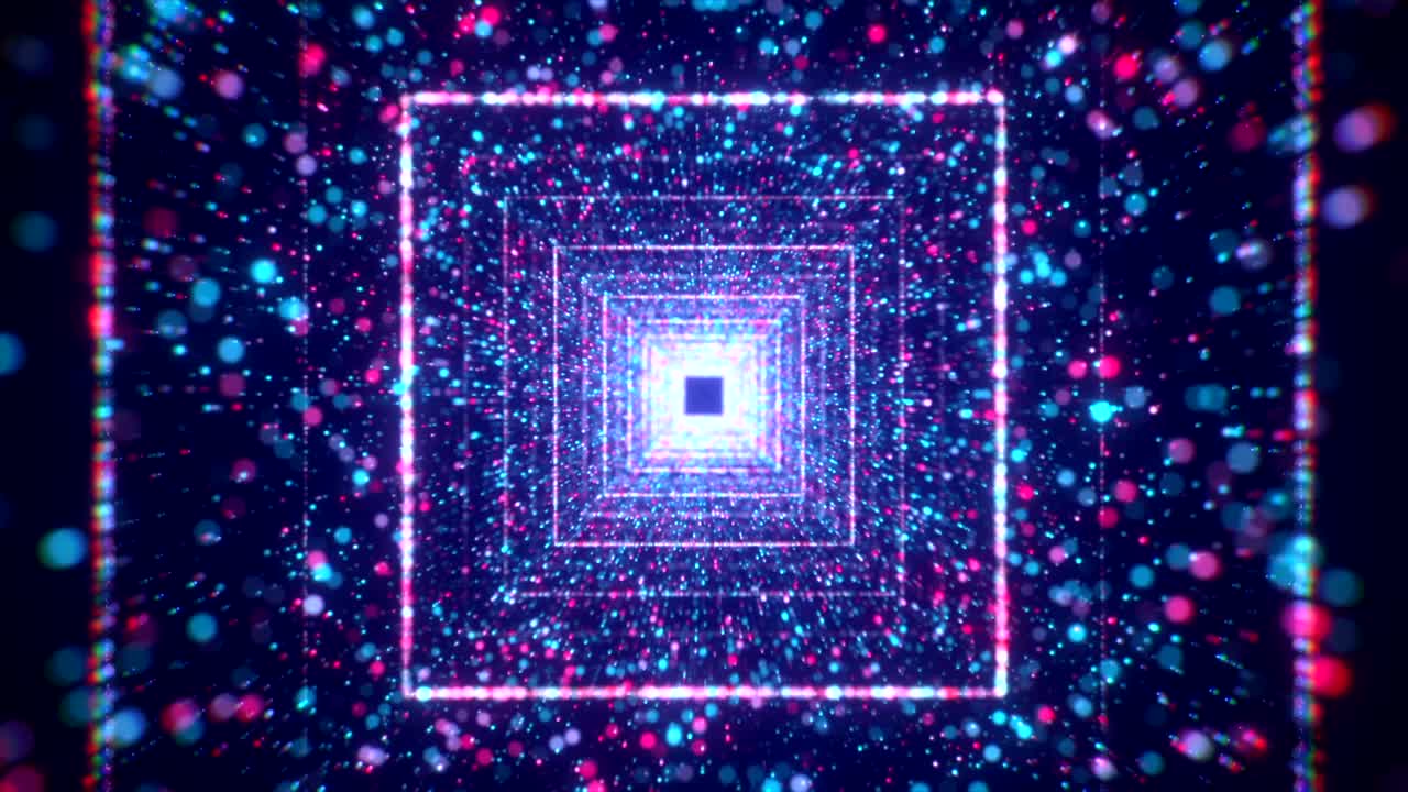有方形霓虹灯线的太空隧道。运动。美丽的隧道明亮多彩的粒子和霓虹灯广场。用发光粒子潜入太空传送门视频素材