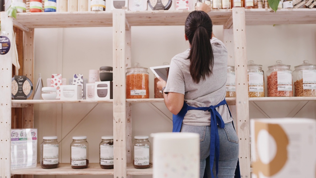 一名年轻的女店主在零废品商店用电子平板电脑清点和记录商品。在一家小型零售企业检查在线订单股票的西班牙裔妇女视频素材