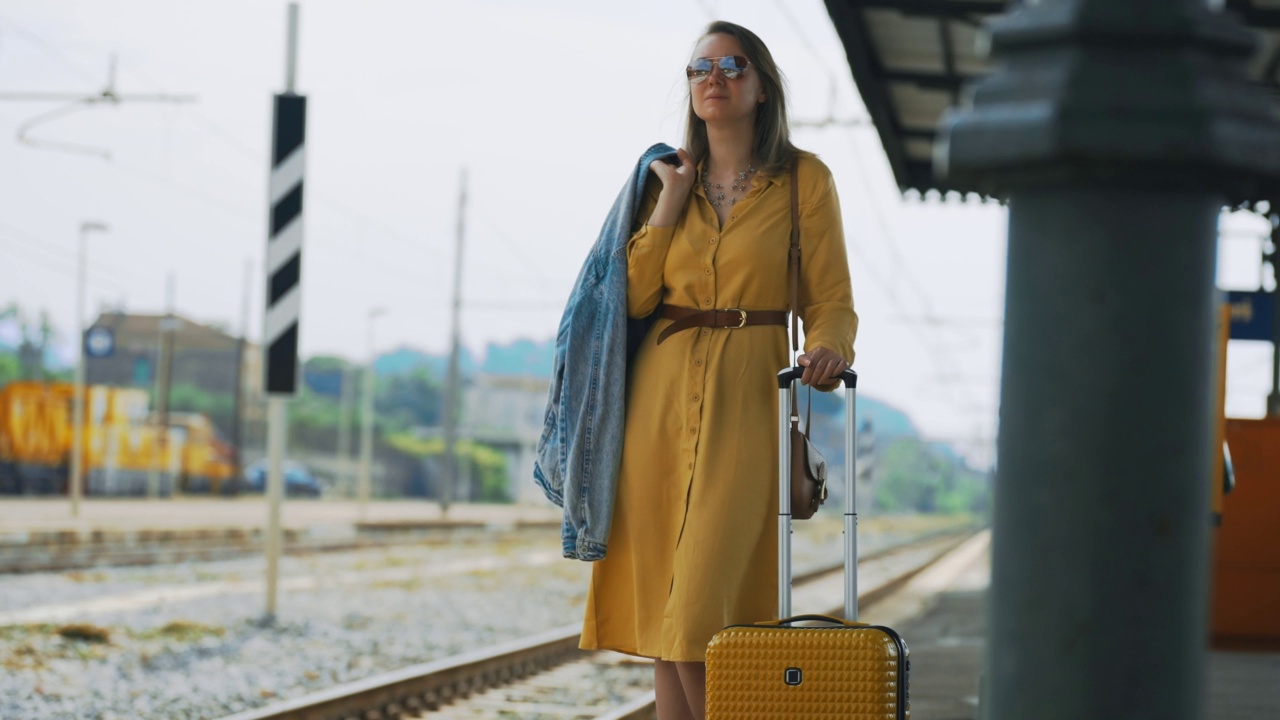 一个女人提着旅行箱在等火车。视频素材