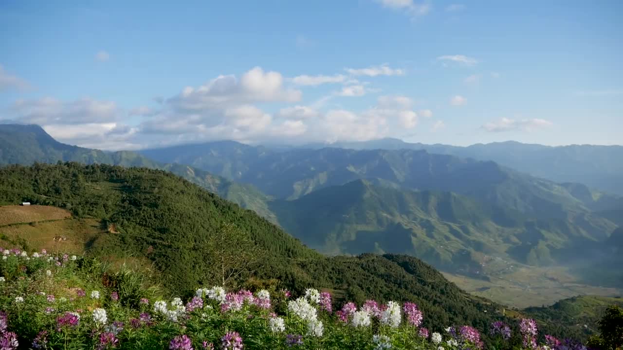 美丽的风景山绿色的田野草地白云蓝天晴天。雄伟的绿色风景，大山，山景，云景，山谷，全景，在乡村，草木牧场视频素材