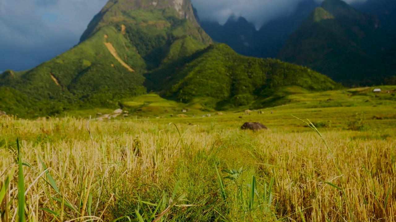 美丽的风景山绿色的田野草地白云蓝天晴天。雄伟的绿色风景，大山，山景，云景，山谷，全景，在乡村，草木牧场视频素材