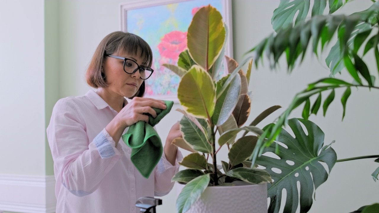 照料盆栽植物的妇女，擦拭植物叶子上的污垢和灰尘视频素材