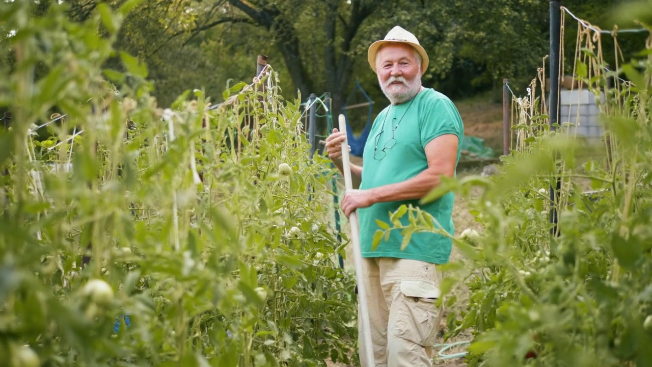 一位年长男子的肖像靠在一个花园工具在工作后，在花园和微笑视频素材