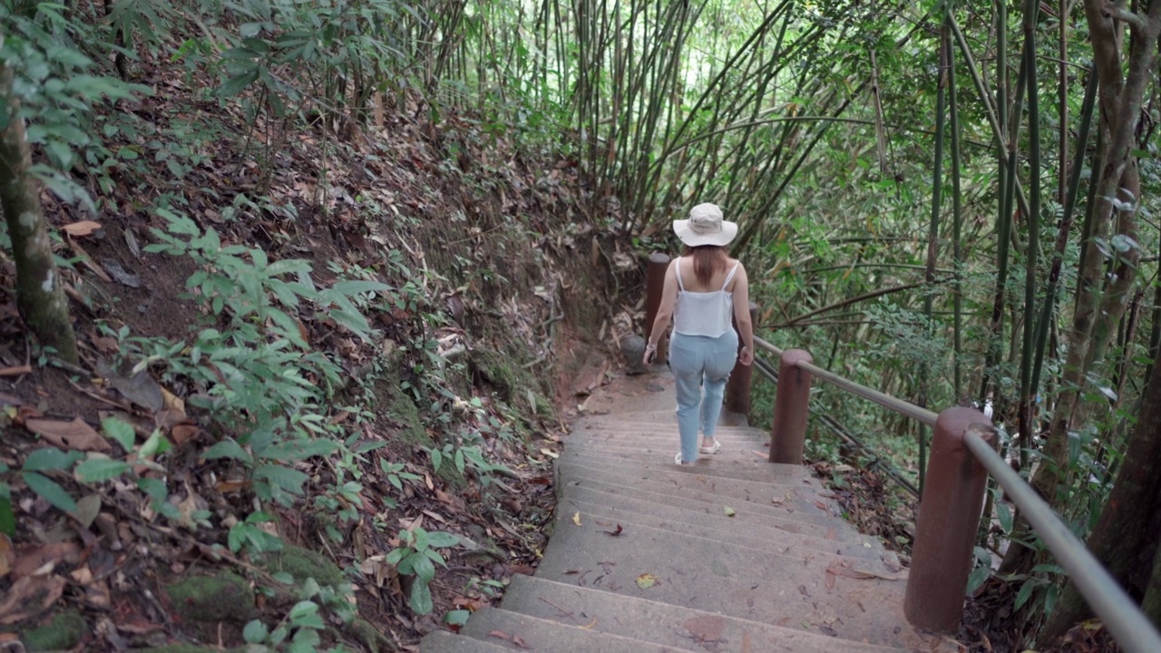 年轻的亚洲视频博主女性，在森林中行走的快乐和自由的旅行者视频素材