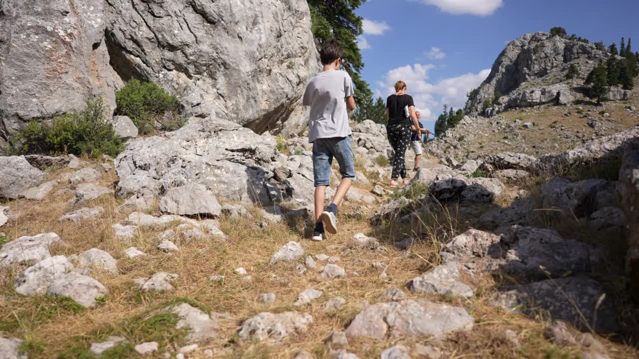 多民族家庭漫步在阳光森林小径上，视频素材