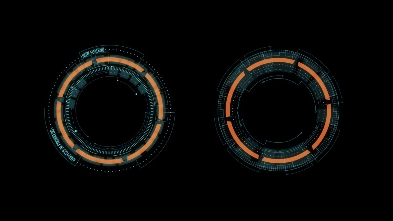 包含抬头显示(HUD UI)技术界面和未来主义元素抽象背景alpha通道的蓝色圆圈旋转运动图形视频素材