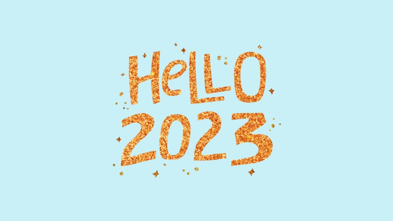 Hello 2023 -动画金色闪闪发光的手绘报价。视频素材