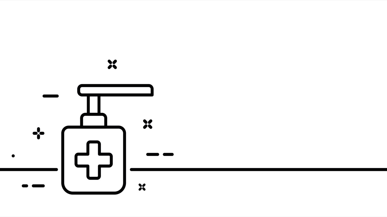 洗手液。消毒、卫生、病毒、冠状病毒。药房，药品，急救箱。卫生保健的概念。一条线绘制动画。运动设计。动画技术的标志。视频4 k视频素材