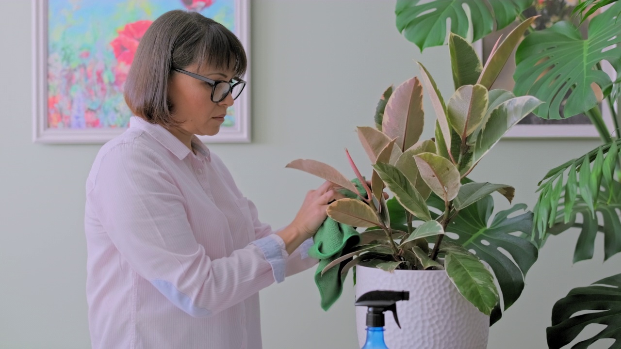 照料盆栽植物的妇女，擦拭植物叶子上的污垢和灰尘视频素材