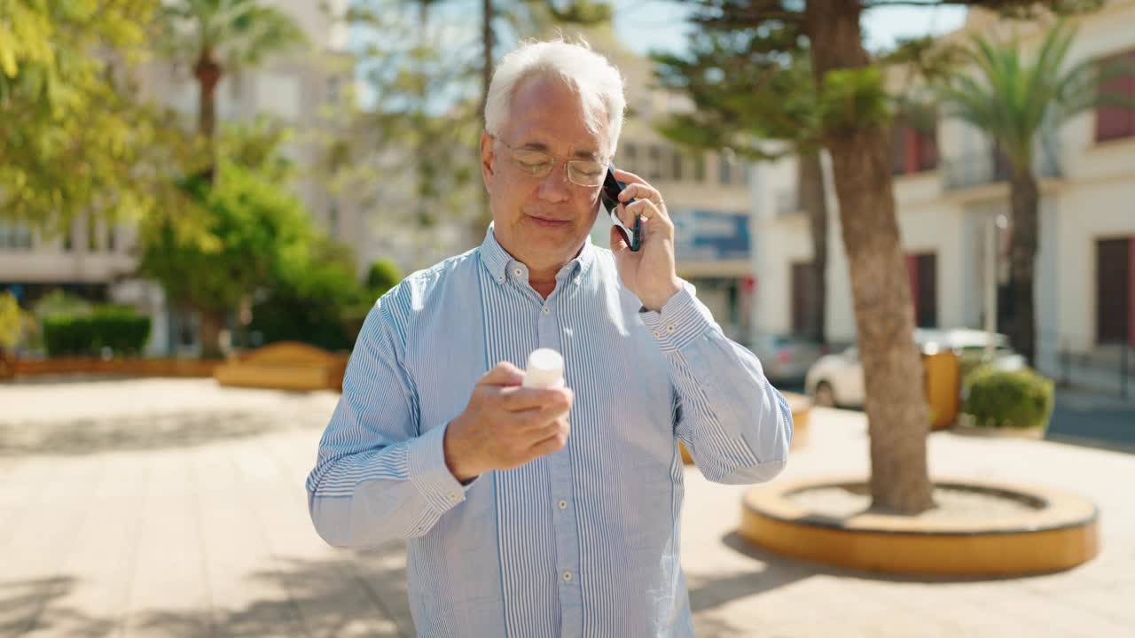 一个在公园拿着药片用智能手机聊天的老人视频素材