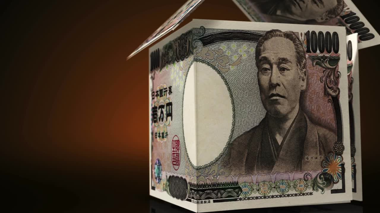 1万日元日元钞票纸房子上的桌子视频素材