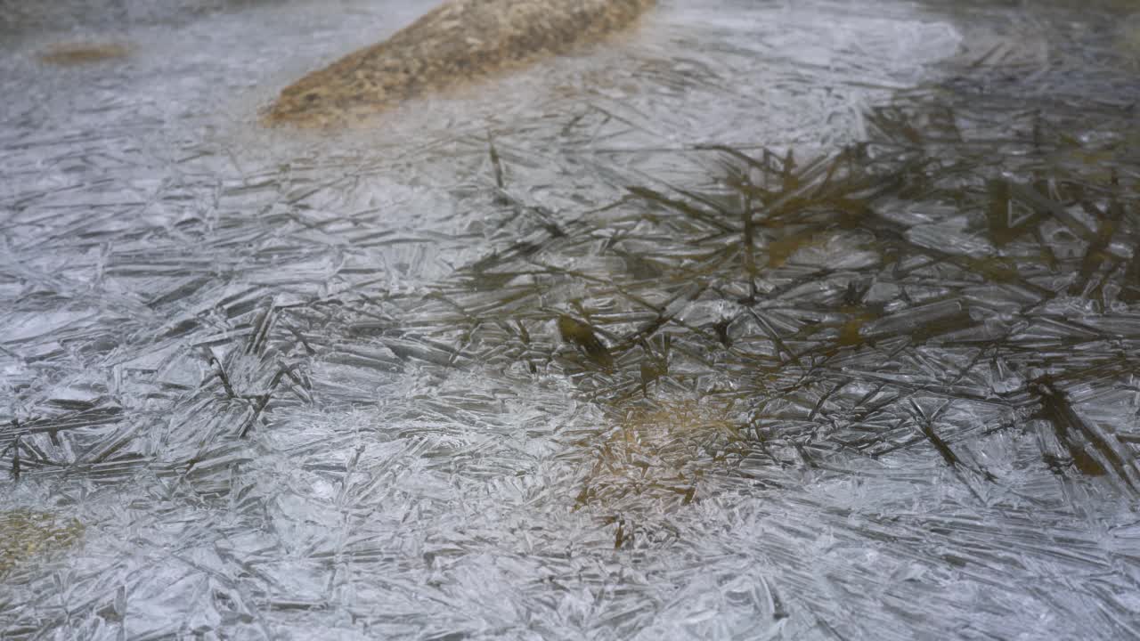 冰冻河流上的冰形成晶体状结构，特写宏观细节从上面的水流动下面-抽象的冬季背景视频素材