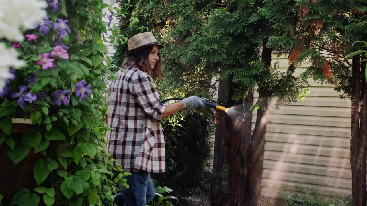 在花园里给植物浇水的女人。视频素材