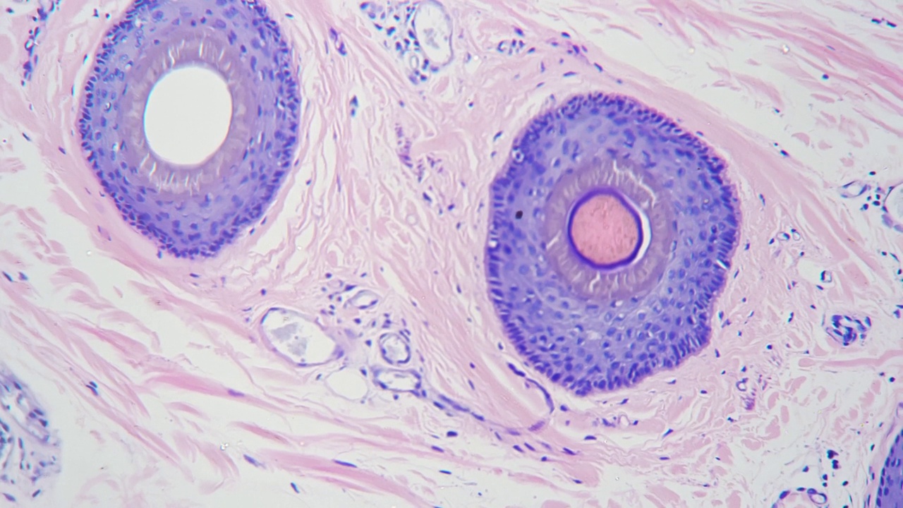 在200倍放大显微镜下拍摄的人体皮肤及毛囊切片视频素材