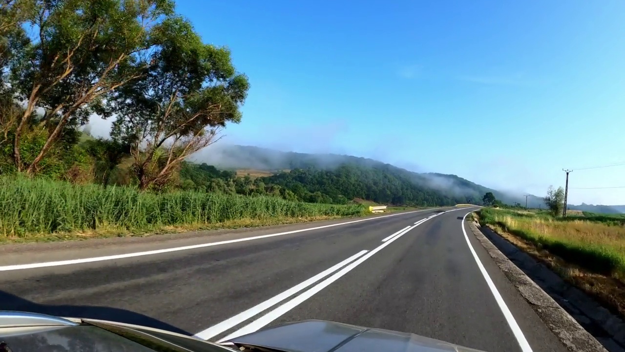 POV拍摄的一辆汽车沿着森林和山脉的道路行驶。夏天开车旅行视频素材