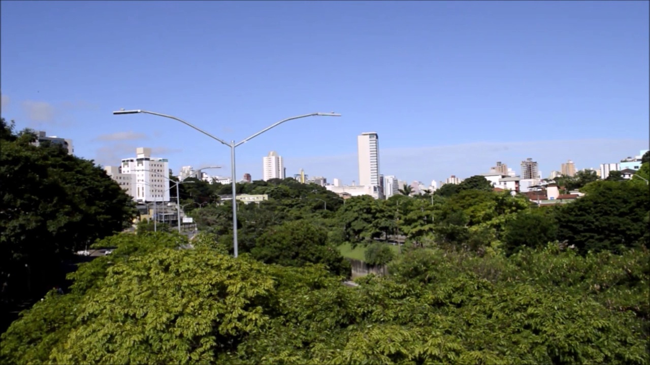 贝洛奥里藏特市重要大道的全景图。树，蓝天和建筑。照明波兰人。视频下载