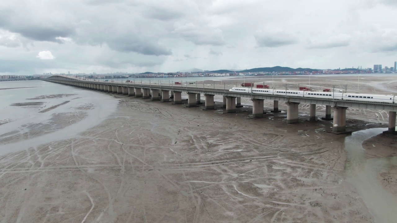 海湾大桥上的高速铁路列车视频素材