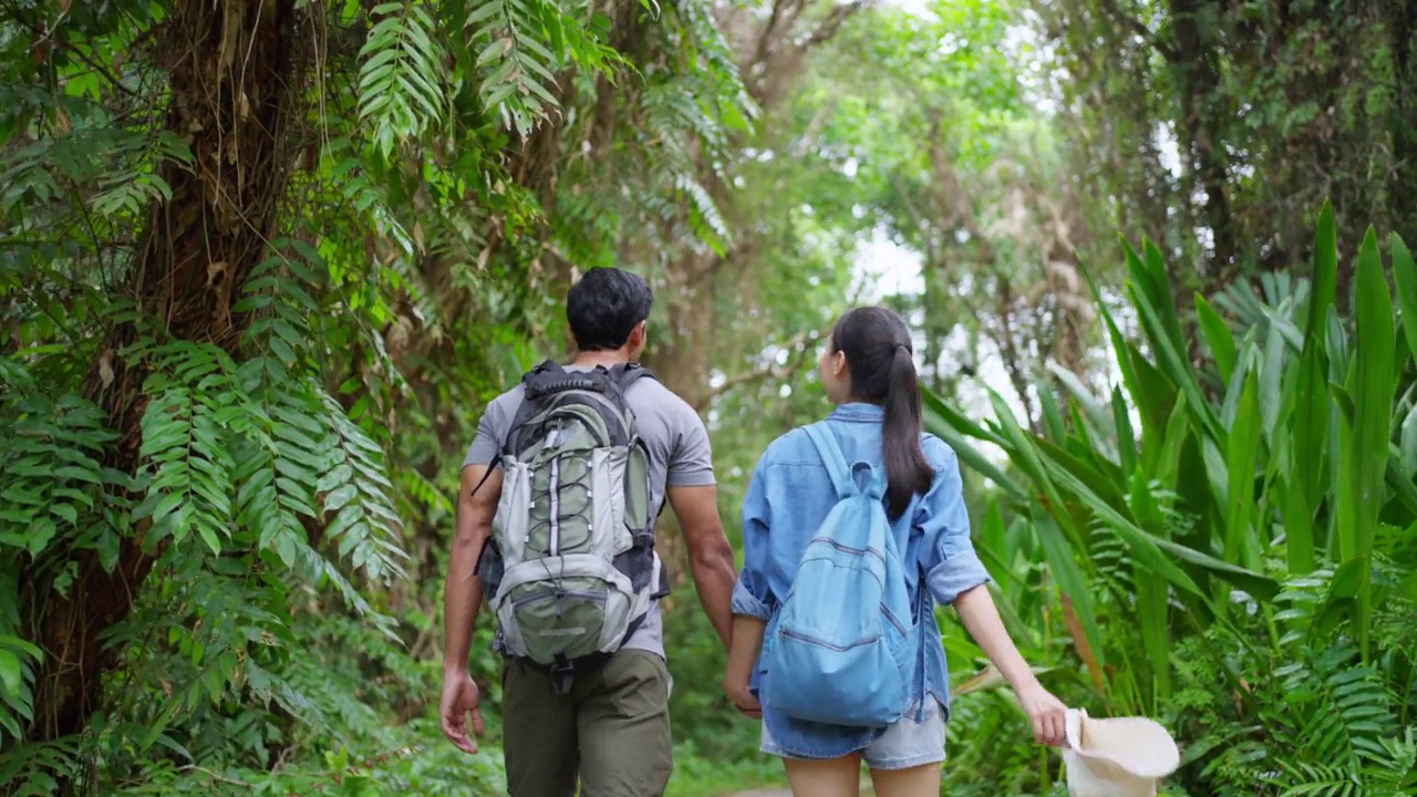 4K年轻的亚洲夫妇一起在热带森林徒步旅行。视频素材