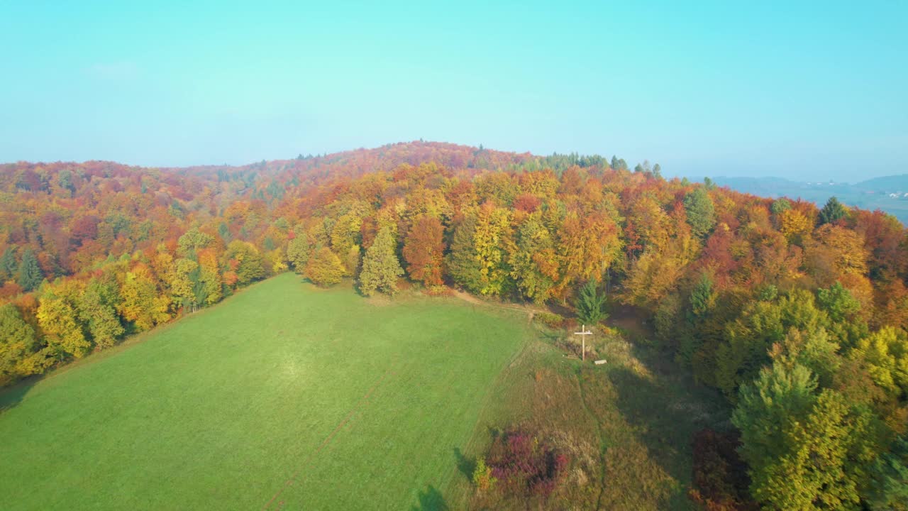 空中:秋天的早晨，轻柔的雾在五彩缤纷的森林景观上空盘旋视频素材