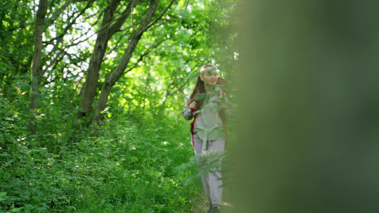 年轻女子背着红色背包在茂密的森林里徒步旅行视频素材