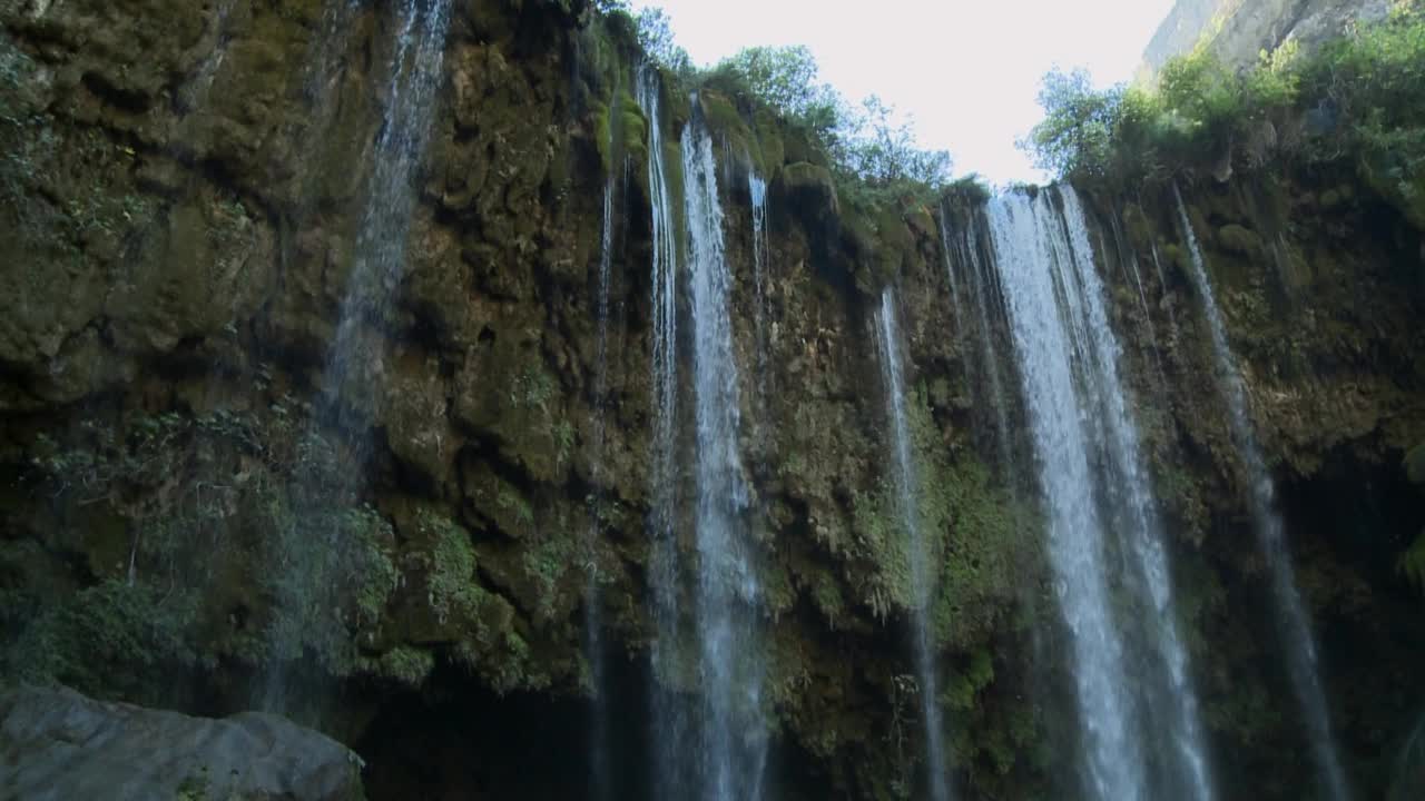 水从岩石上流过，森林里的树。悬崖和瀑布水。视频素材