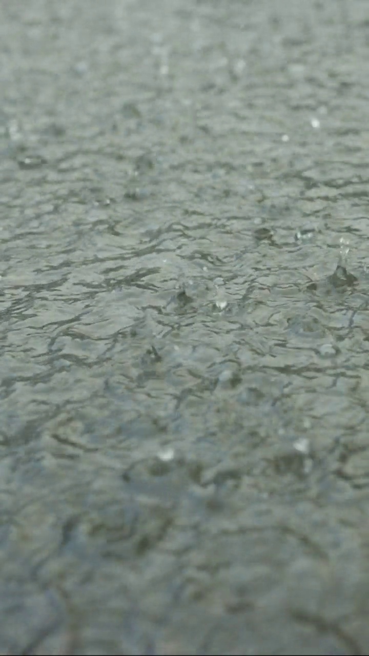 垂直视频:雨滴落进人行道上的水坑的特写。城里下起了暴雨。视频素材