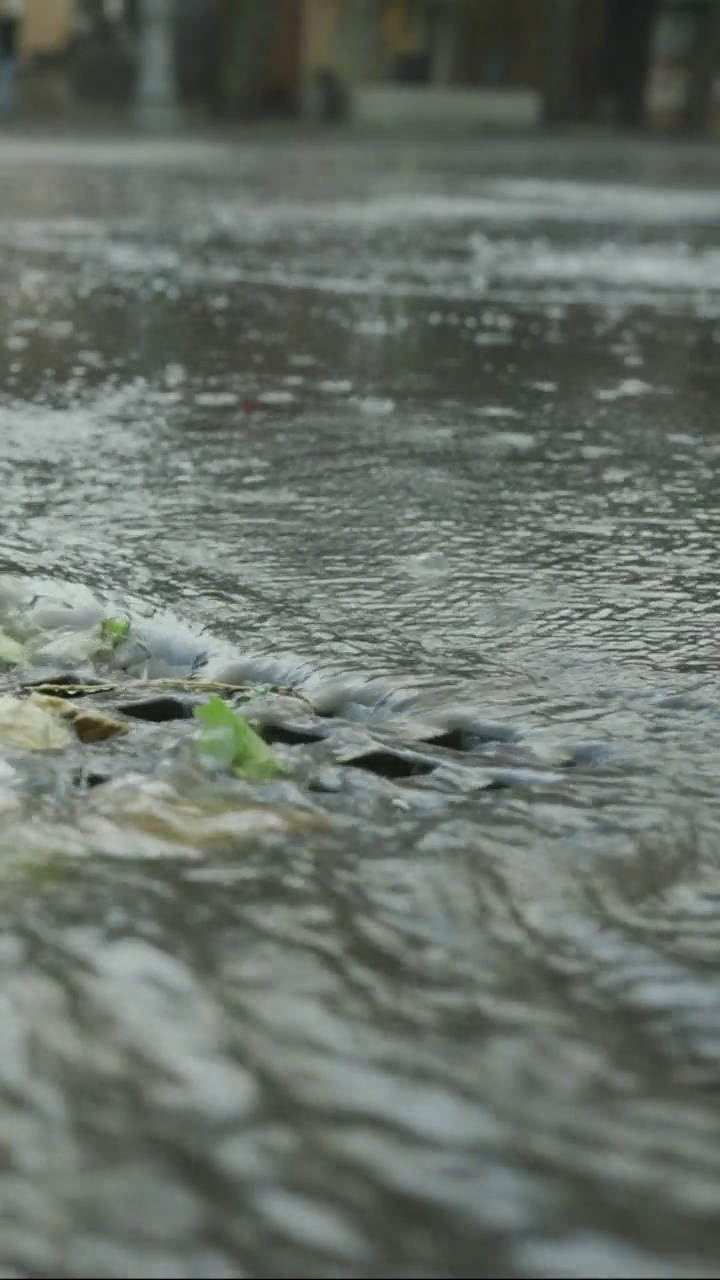 垂直视频:特写雨水流入雨水排水沟的场景，背景中是正在行驶的汽车。城里下起了暴雨。视频素材