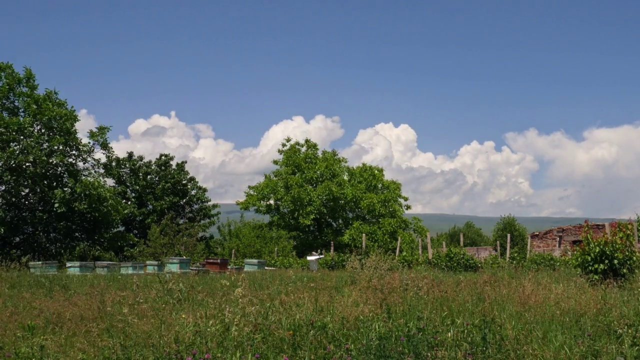 随着蜂箱和快速移动的云的乡村农场场景的时间推移视频素材