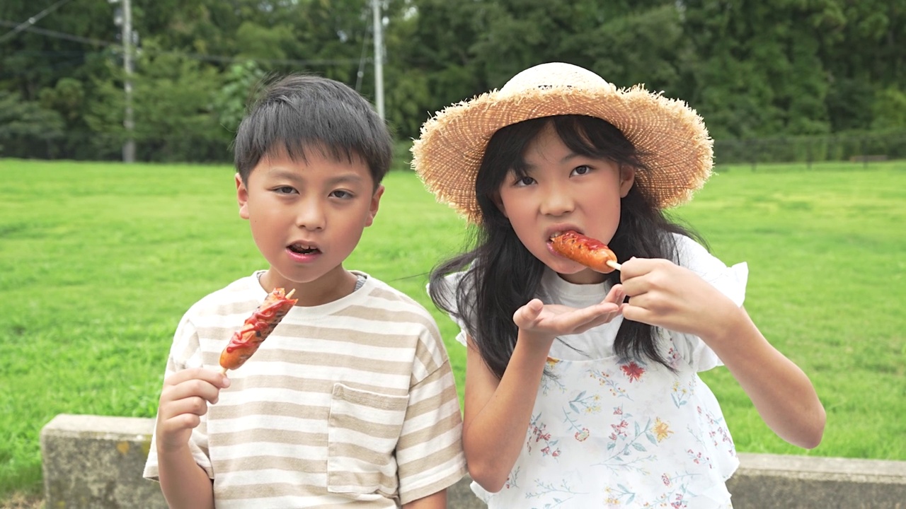 亚洲小孩在旅行期间吃法兰克福香肠视频素材