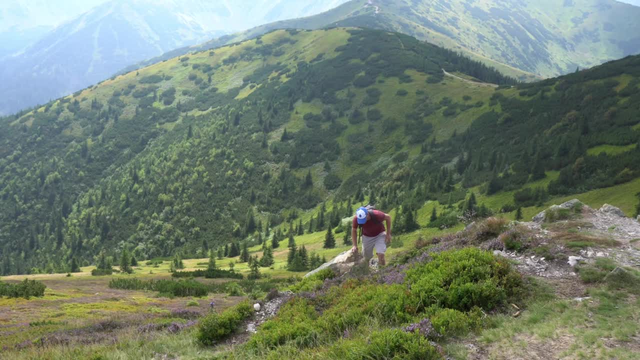 沿着山间小道行走的游客视频素材