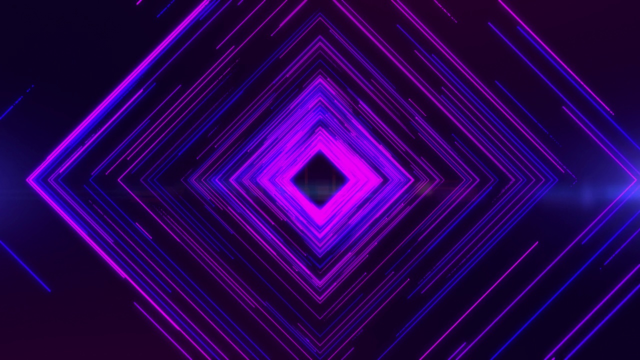 隧道霓虹灯无缝循环，发光线霓虹灯前进，紫色方形隧道运动抽象背景。视频素材