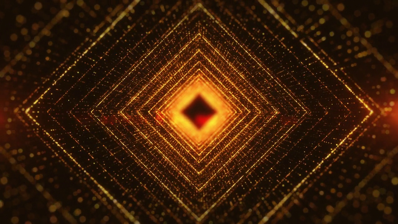 隧道无缝循环，发光粒子前进，金色方形隧道运动抽象背景。视频素材