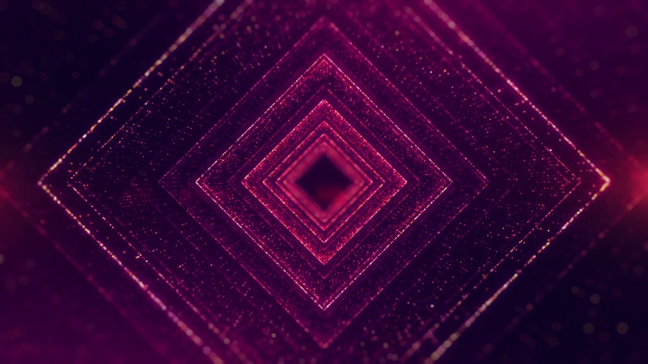 隧道无缝循环，发光粒子前进，紫色方形隧道运动抽象背景。视频素材