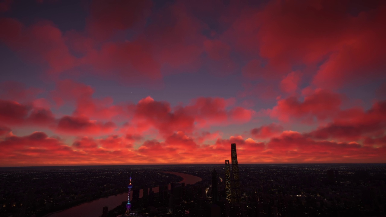 鸟瞰图在黄昏飞行在上海在中国城市视频素材