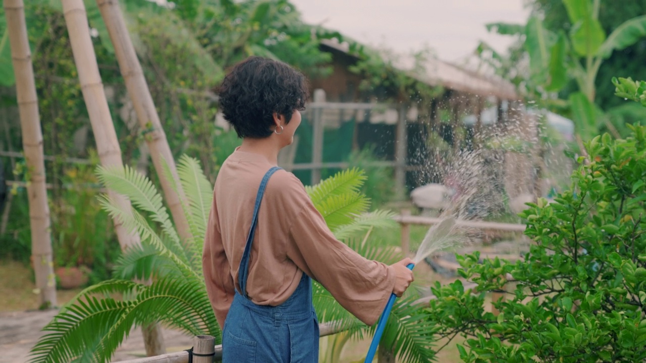 年轻的亚洲夫妇一起在花园里照料他们的植物。视频素材