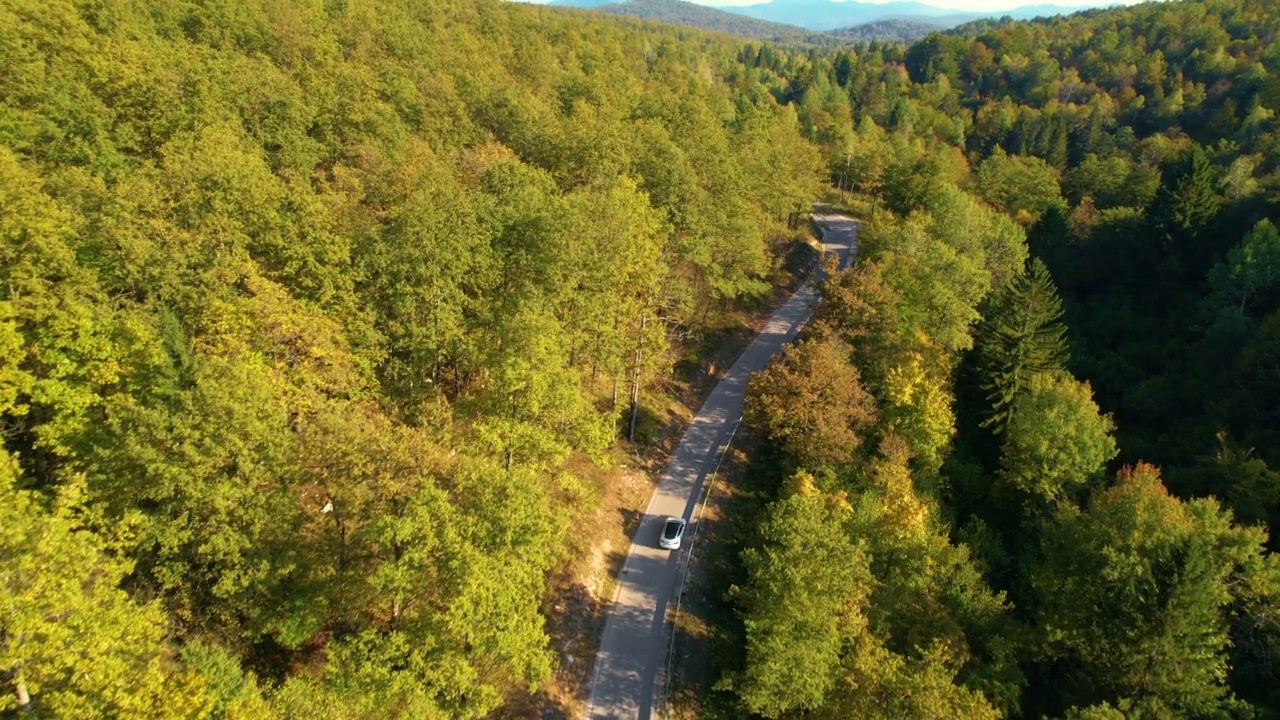 航拍:蜿蜒穿过丘陵森林景观的乡村公路和一辆行驶的汽车视频素材