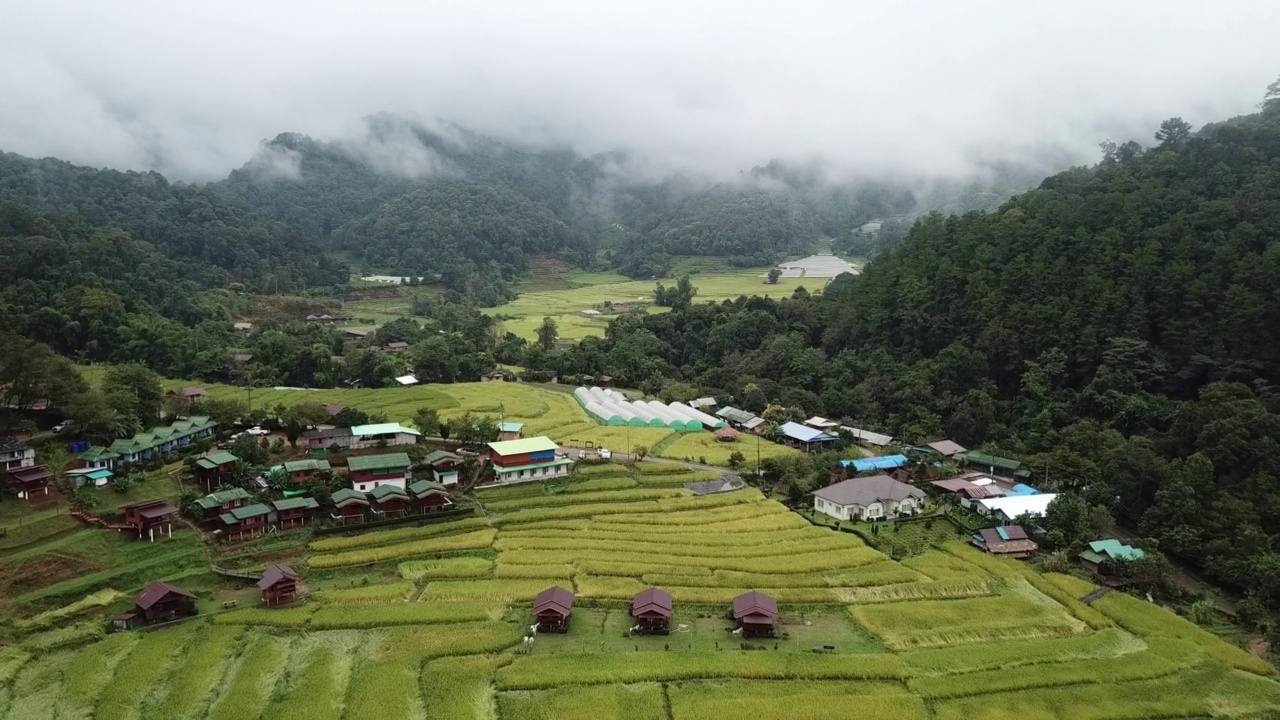 鸟瞰位于清迈Doi Inthanon脚下的班梅巴郎村。视频素材