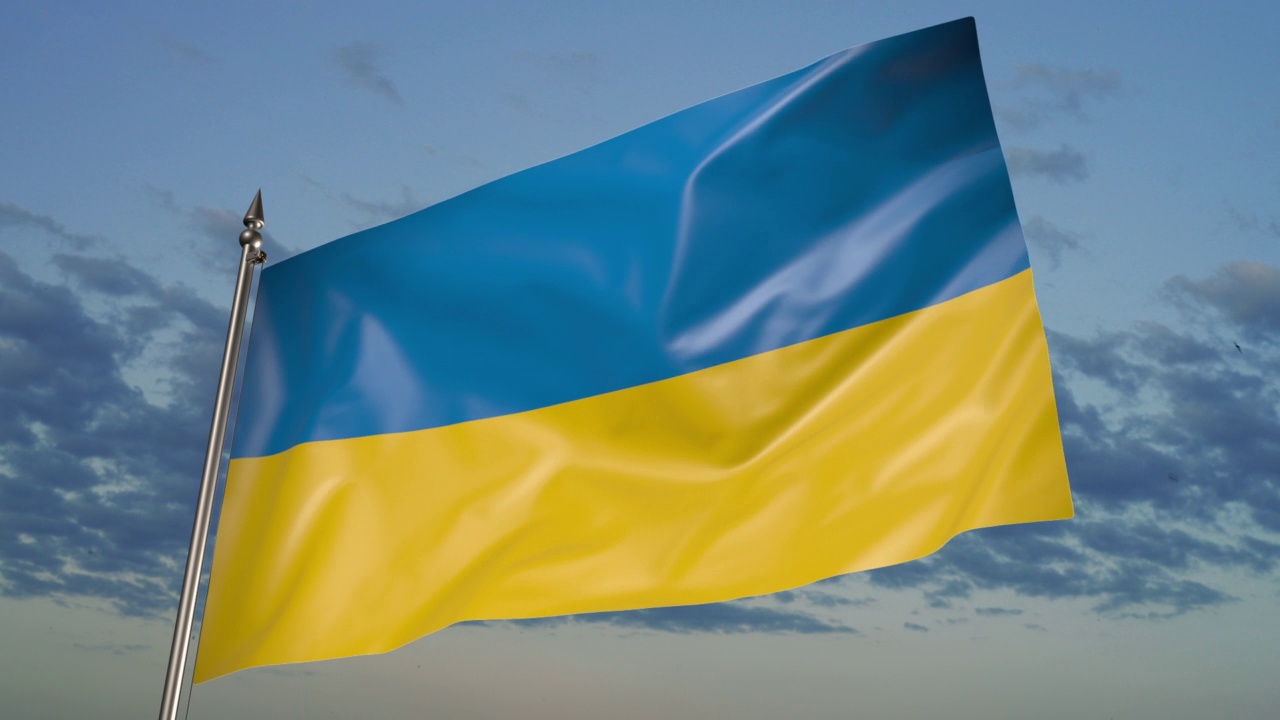 旗杆上的乌克兰国旗。3D动画对天空视频素材