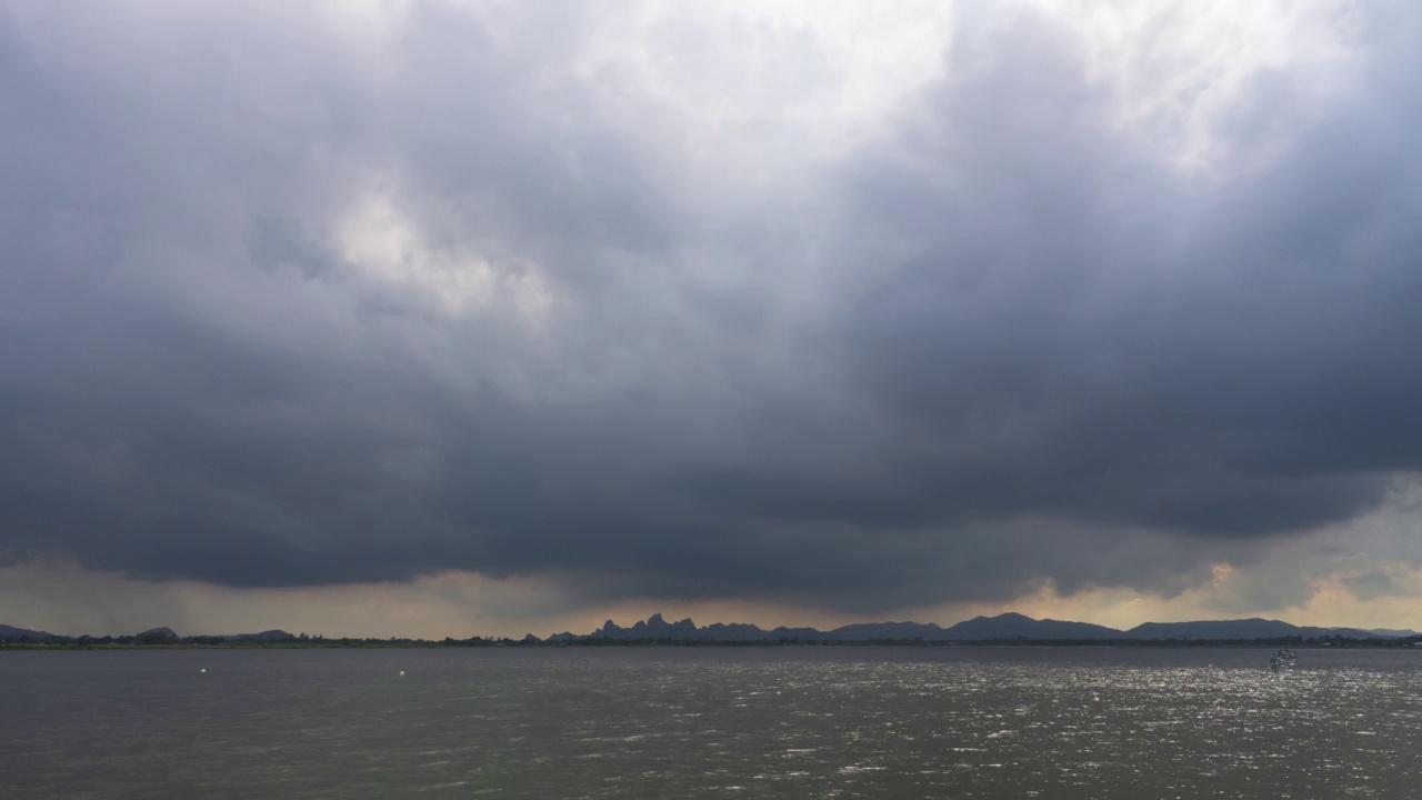 乌云，黑暗的天空，雷暴，在河边的傍晚，时间流逝的背景视频素材