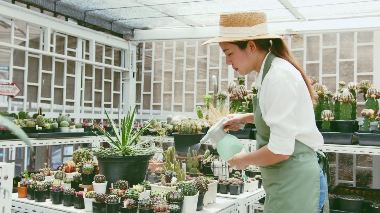 年轻的亚洲女性中小企业企业家在仙人掌农场浇水视频素材