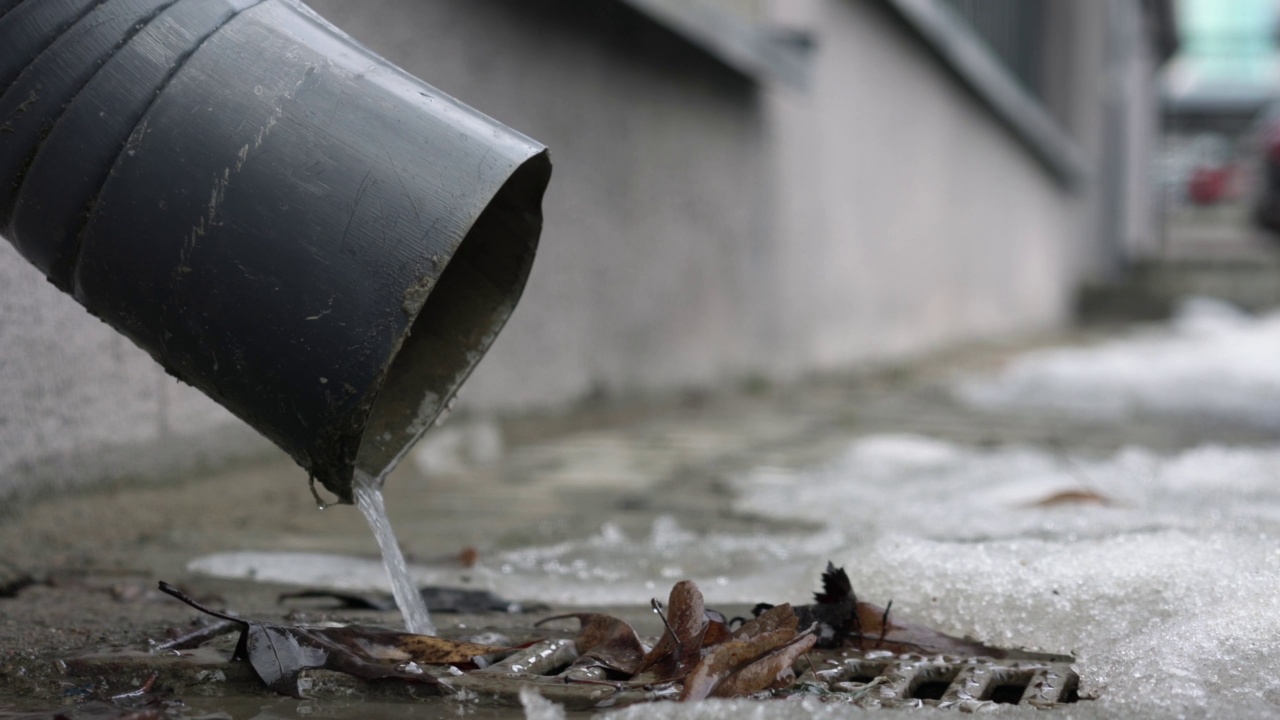 雨水从钢铁落水管流入城市人行道视频素材